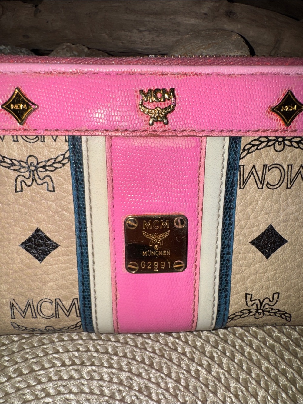 MCM Beige Visetos Continental Wallet with Pink Trim and Stripe - Picture 13 of 14